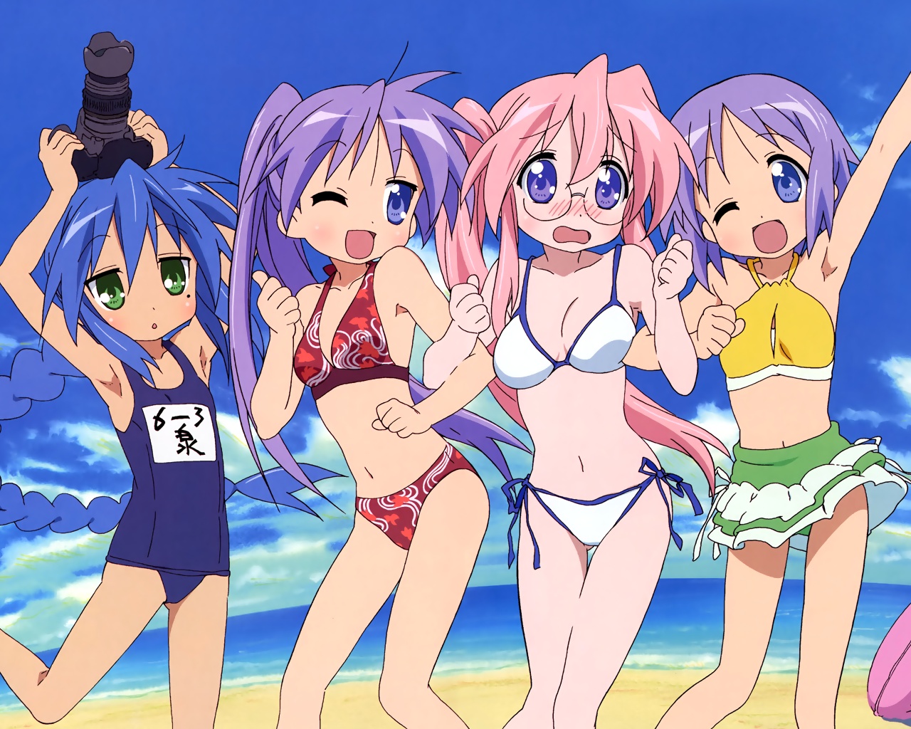 3d обои Коната, Когами, Цукаса и Миюки веселятся на пляже, аниме Лаки Стар  небо # 65392