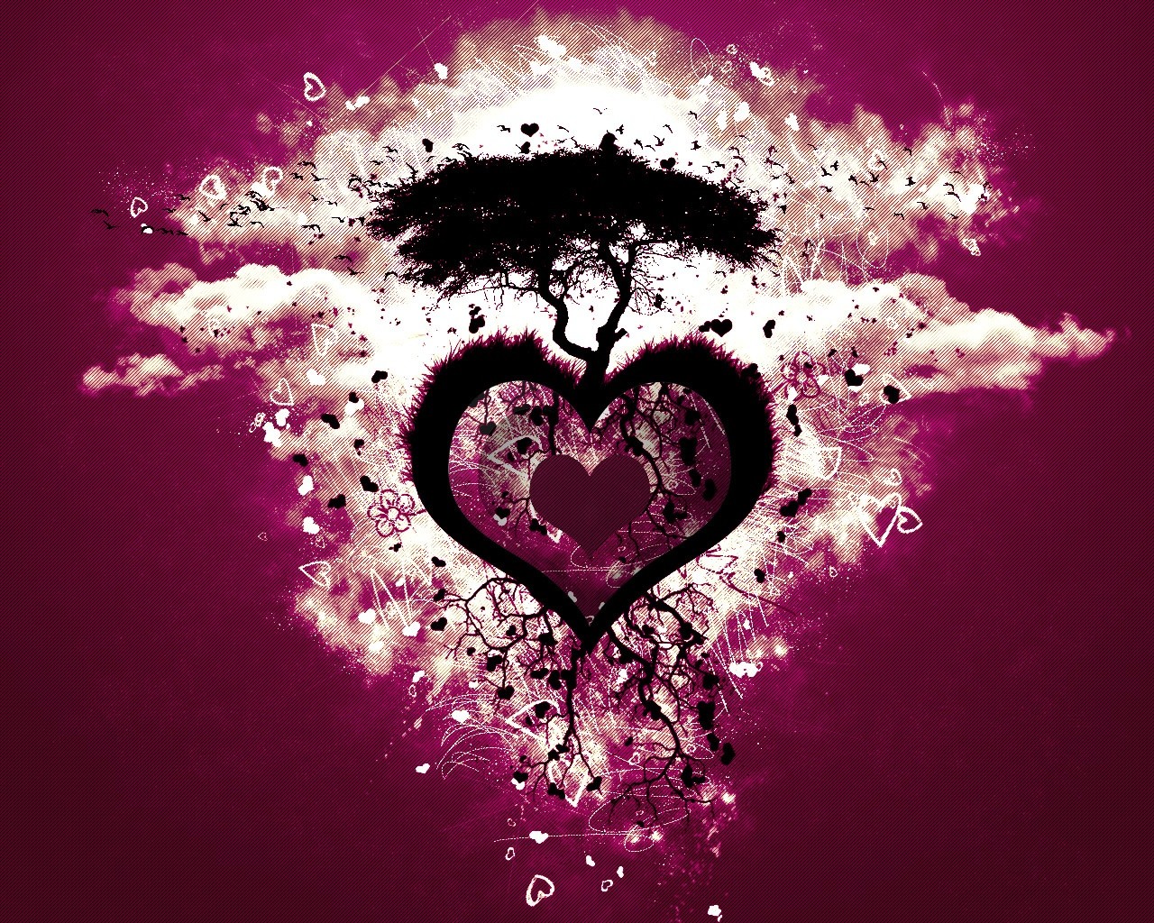 3d обои Большое сердце (из сердца вдруг вырастает дерево, на кроне которого появляются гнёзда, из которых вылетают птицы)  птицы # 76189