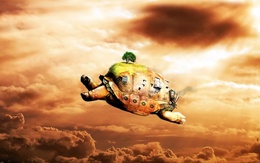 3d обои Черепаха (Огромная черепаха, на которой видна зелёная лужайка с деревьями, окна и иллюминаторы, летит по небу.  черепахи