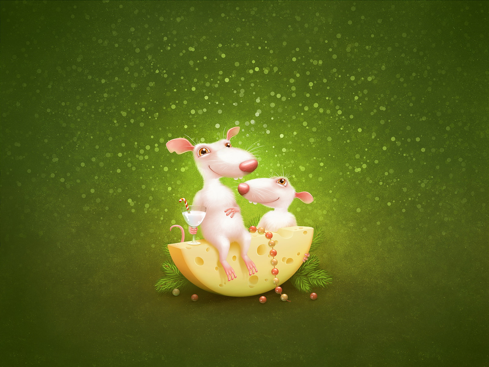 3d обои Праздник обжорства (мышки наслаждаются краюхой сыра, запивая это яство коктейлем)  мыши # 59744
