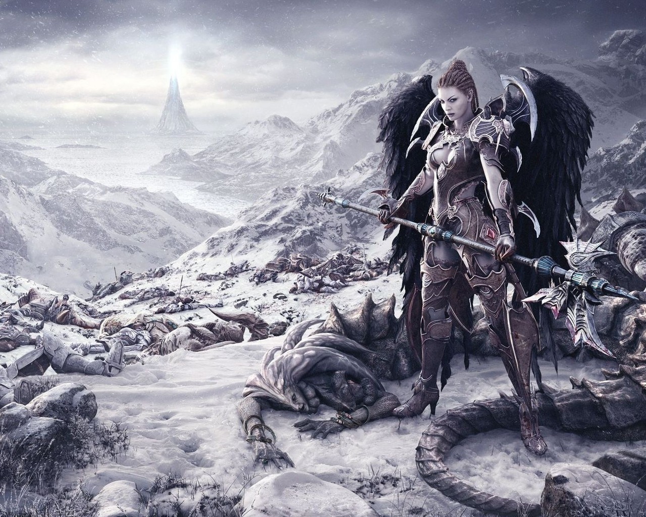 3d обои Ангел воин с черными крыльями убила демона на поле боя зимой  снег # 81106