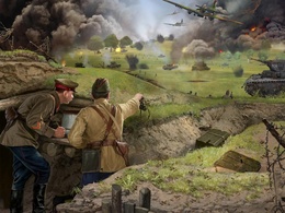 3d обои Картинка из второй мировой войны, в окопе солдат и офицер, на поле боя взрывы, танки и самолеты  1280х960