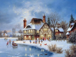 3d обои зимние игры, возле сказочных домиков дети катаются на санках и лепят снеговиков  дети