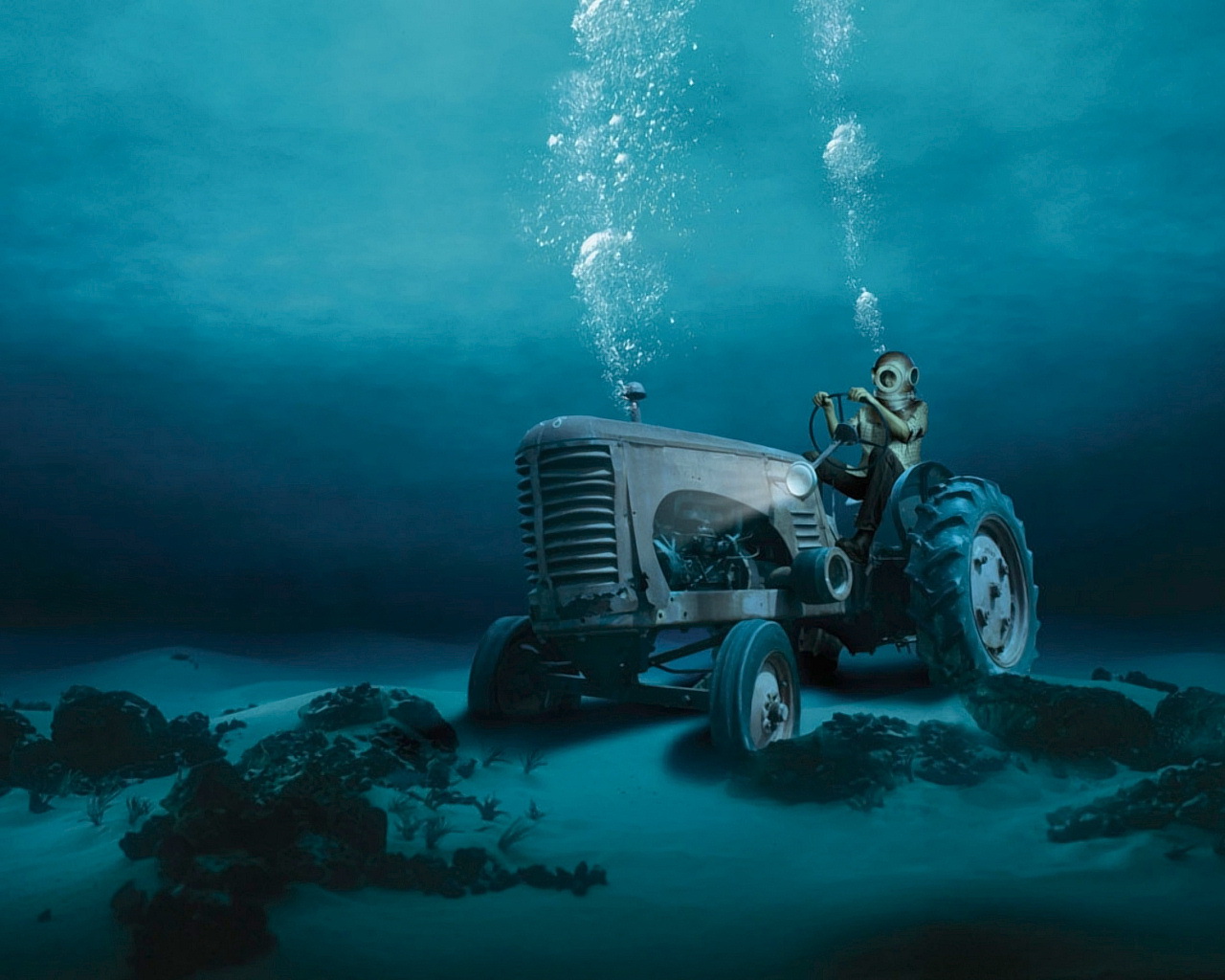3d обои Трактор под водой и тракторист в акволанге  смешные # 80392