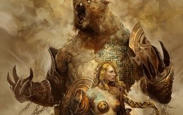 3d обои скрин из какой-то игры (огромноу чудовище похожее на медведя и рядом храбрая девушка)  готические