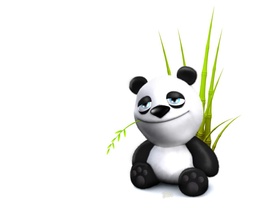 3d обои Прикольная панда (бамбуковый медведь) меланхолично жуёт побеги молодого бамбука  минимализм