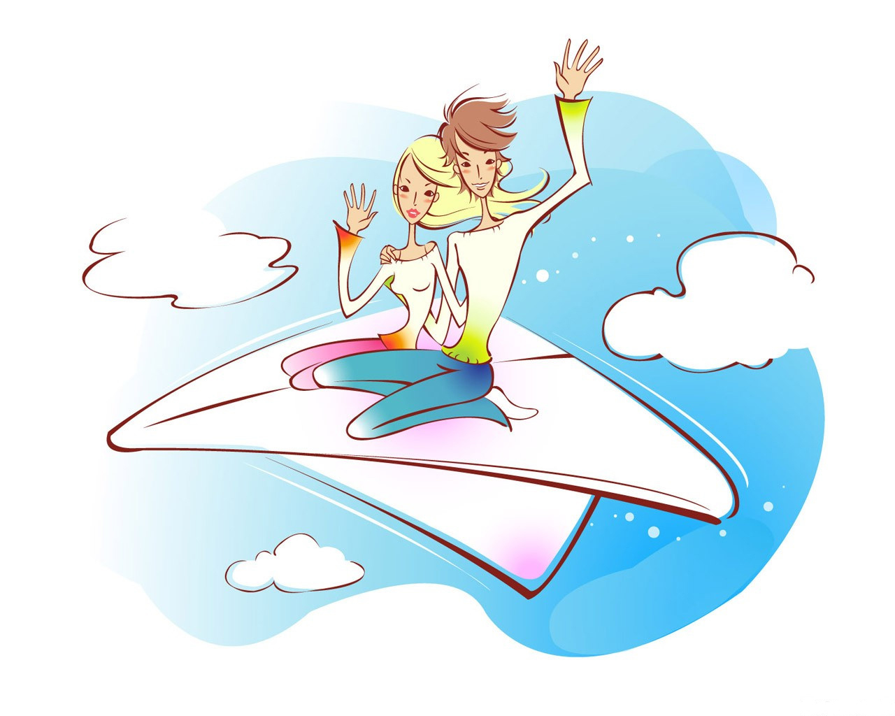 3d обои Влюбленные летят высоко в небе на бумажном самолетике и машут руками  сюрреализм # 82401