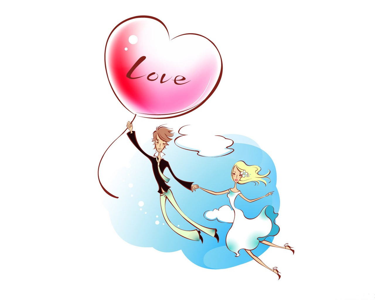 3d обои Влюбленные взмыли в облака на большом воздушном шаре в виде сердца с надписью LOVE  любовь # 51850