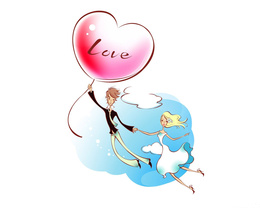 3d обои Влюбленные взмыли в облака на большом воздушном шаре в виде сердца с надписью LOVE  любовь