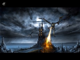 3d обои Огнедышащие драконы кружат над замком, тучи на небе, гром и молнии  1280х960