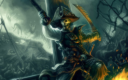 3d обои Пират - на половину мертвец, отбивается от врагов на судне полном мертвых  готические