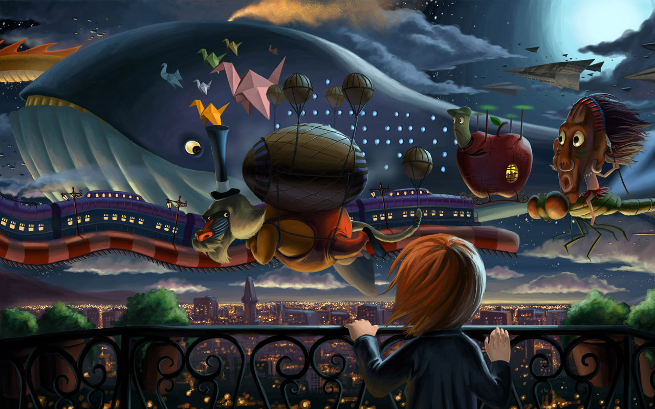 3d обои Девочка погрузилась в мечты и видит сказочные дерижабли пролетающие над городом в виде кита, яблока, поезда и разных цветных предметов  сюрреализм # 82396