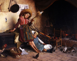3d обои Картина неизвестного художника: Две смеющиеся девучки наблюдают за котятами, бедная жизнь в селе  птицы