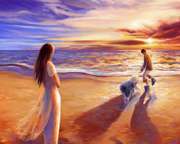 3d обои Красивая картина, пляж на закате, девушка наблюдает как ее парень играет с псом  солнце