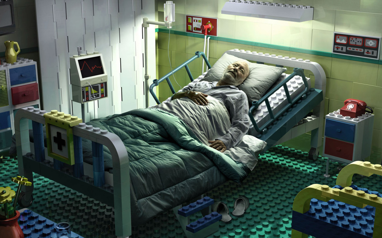 3d обои Старик при смерти лежит в палате, построенной из конструктора лего LEGO  старики # 82166