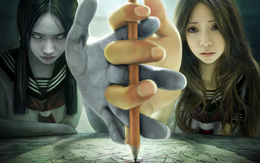3d обои Две девушки держат карандаш, одна из них из царства мёртвых  готические