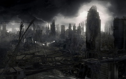 3d обои Разрушенный город, ямы, разрушения, погромы, тучи  готические
