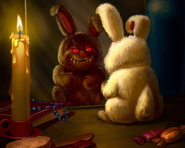 3d обои Белый и пушистый кролик смотрит на себя серного и с красными глазами в зеркале  готические