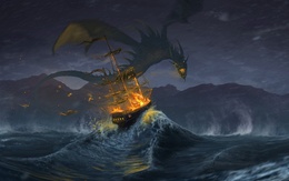 3d обои Дракон испепляет огнём корабль врагов  ночь