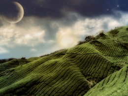3d обои Холмы аккуратно покрытые травой на фоне звездного неба  космос