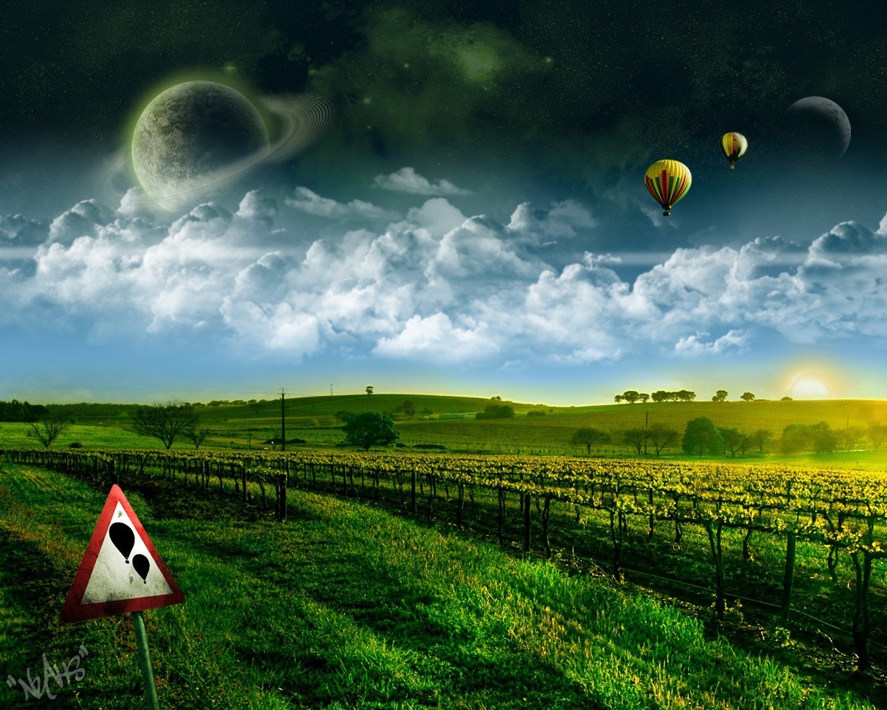 3d обои Фантастический пейзаж  воздушные шары # 23501