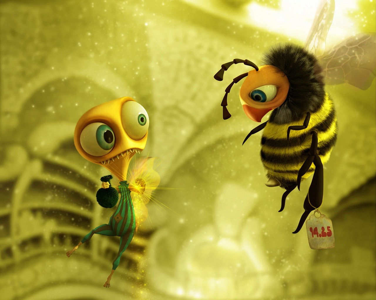 3d обои Встреча пришельца с пчелой Маей (№14.25), у которой он выпрашивает дать ему немного мёда  сюрреализм # 82370