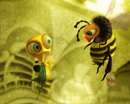3d обои Встреча пришельца с пчелой Маей (№14.25), у которой он выпрашивает дать ему немного мёда  смешные