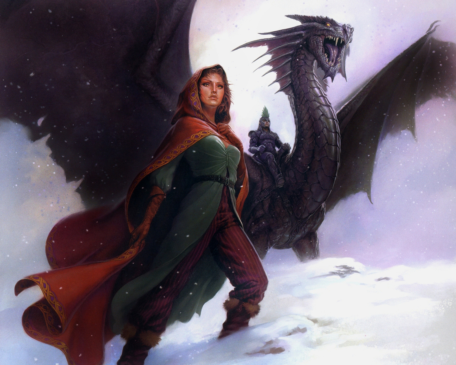 3d обои Так они идут навстречу приключениям-он на свирепом, но подчинённом его стальной воле, огромном драконе, она, красивая и сильная девушка, неизменно рядом, легко скользя по снегу...  драконы # 36006