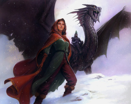 3d обои Так они идут навстречу приключениям-он на свирепом, но подчинённом его стальной воле, огромном драконе, она, красивая и сильная девушка, неизменно рядом, легко скользя по снегу...  драконы