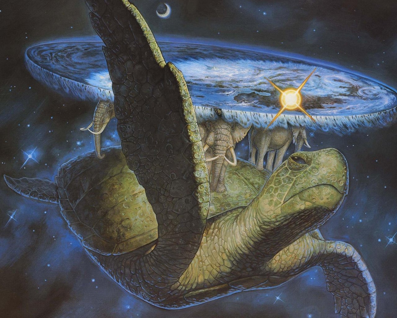 3d обои Плоский мир терри пратчетта-черепаха, на ней слоны, на слонах-плоская Земля, на неё сверху светят Солнце и Луна  космос # 45478