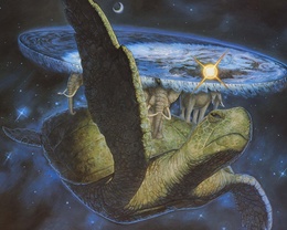 3d обои Плоский мир терри пратчетта-черепаха, на ней слоны, на слонах-плоская Земля, на неё сверху светят Солнце и Луна  космос