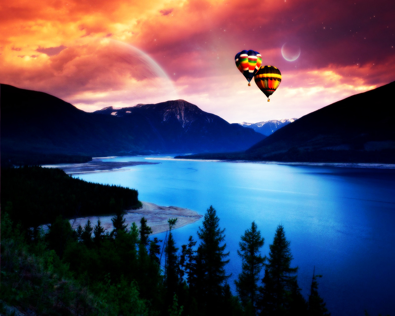 3d обои Над горным озером в небе плывут красивые воздушные шары  сюрреализм # 82367
