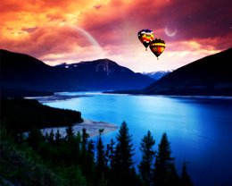 3d обои Над горным озером в небе плывут красивые воздушные шары  воздушные шары