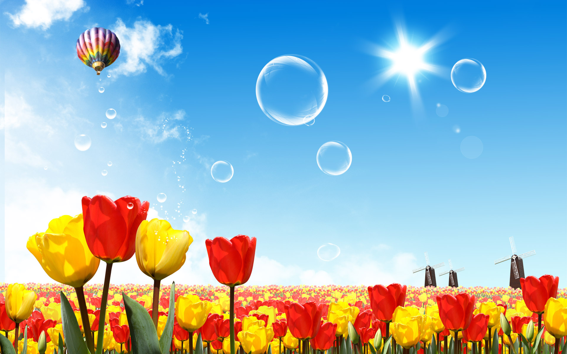 3d обои Поле тюльпанов, вдали мельницы, солнечная погода, воздушный шар, мыльные пузыри  шарики # 89409