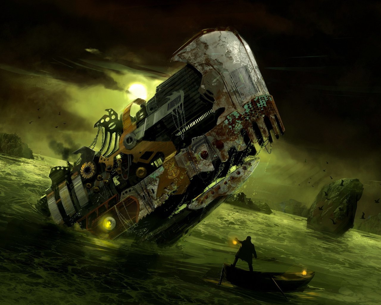 3d обои У скалистого берега виден корабль странной формы, налетевший на подводные рифы. Около него лодка, в ней мужчина с фонарём, который пытается разобраться в том, что перед ним  сюрреализм # 82364
