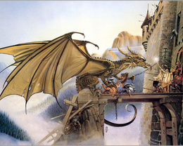 3d обои Дракон нападает на неприступную крепость, ворота в которую защищают конные и пешие войны, кто победит?  драконы