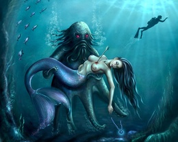3d обои Кхулту пытается спасти русалку, раненную гарпуном уплывающего аквалангиста  монстры