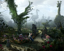 3d обои Алиса в сказочной стране с Кроликом, вокруг цветы  позитив