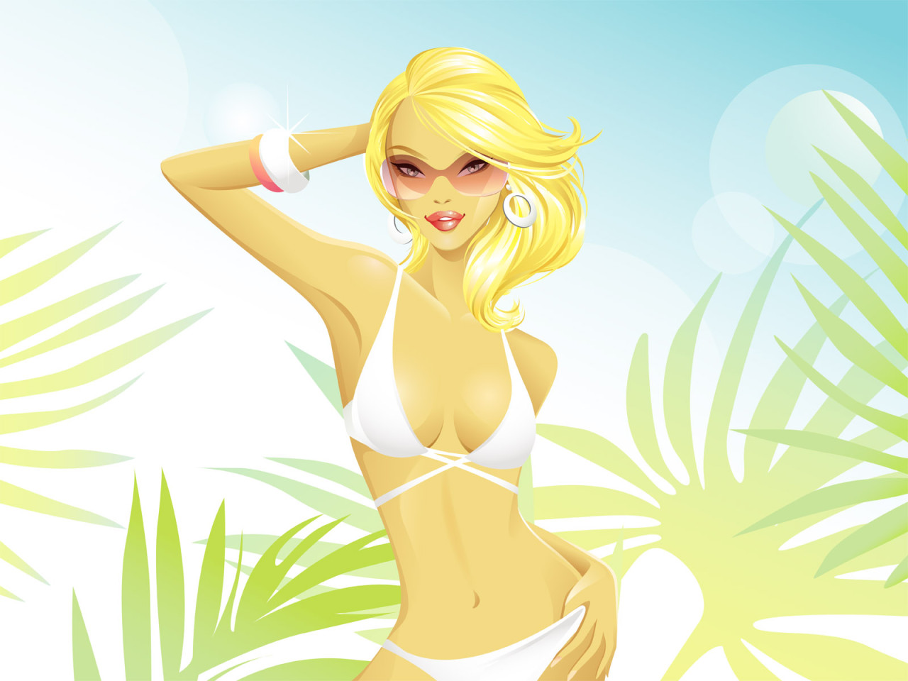 3d обои Красивая блондинка в белом купальнике среди пальм  лето # 50648