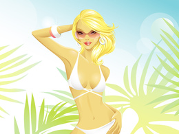 3d обои Красивая блондинка в белом купальнике среди пальм  лето
