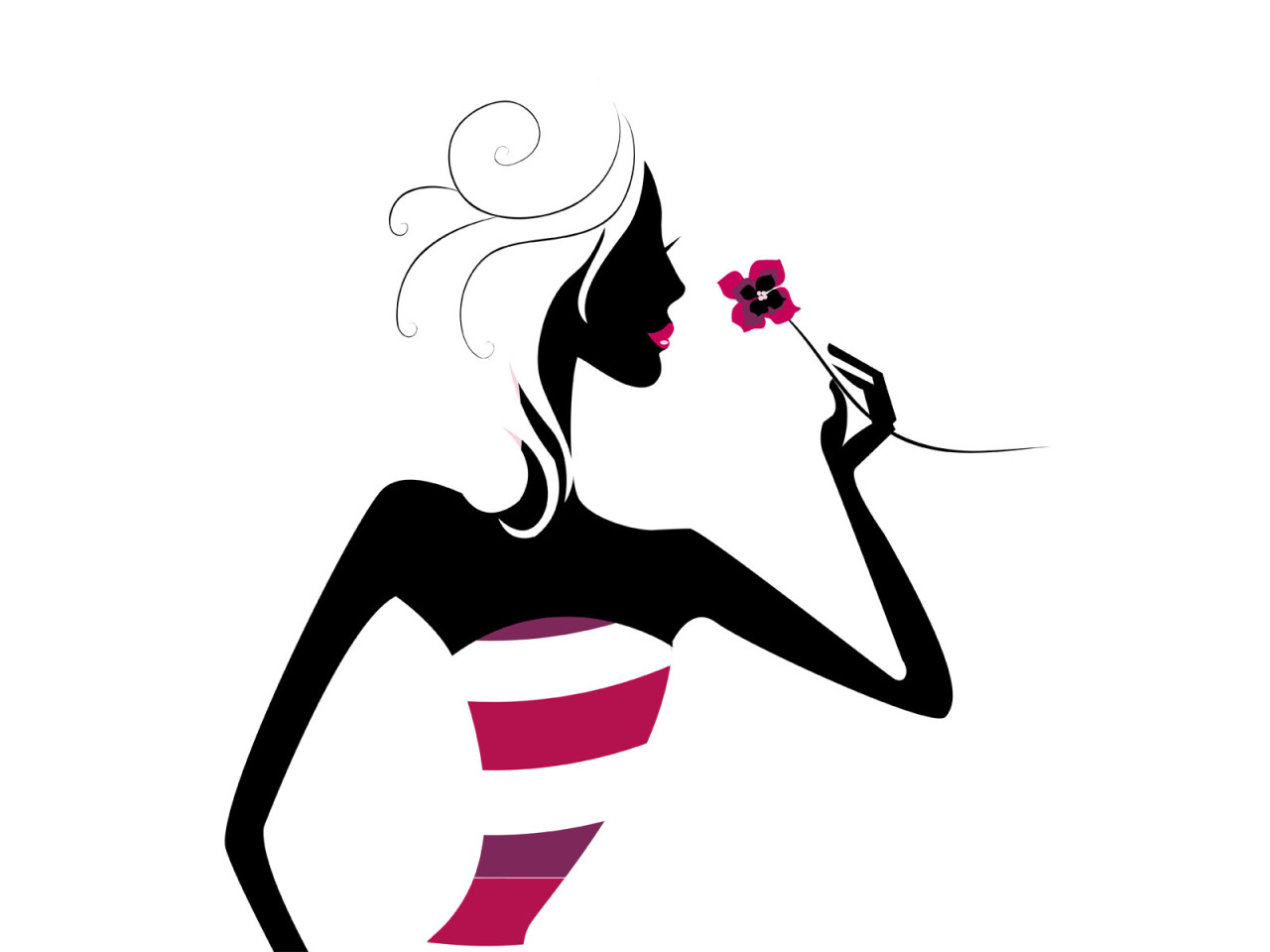 3d обои Черно-розовая девушка нюхает маленький цветочек  минимализм # 54702