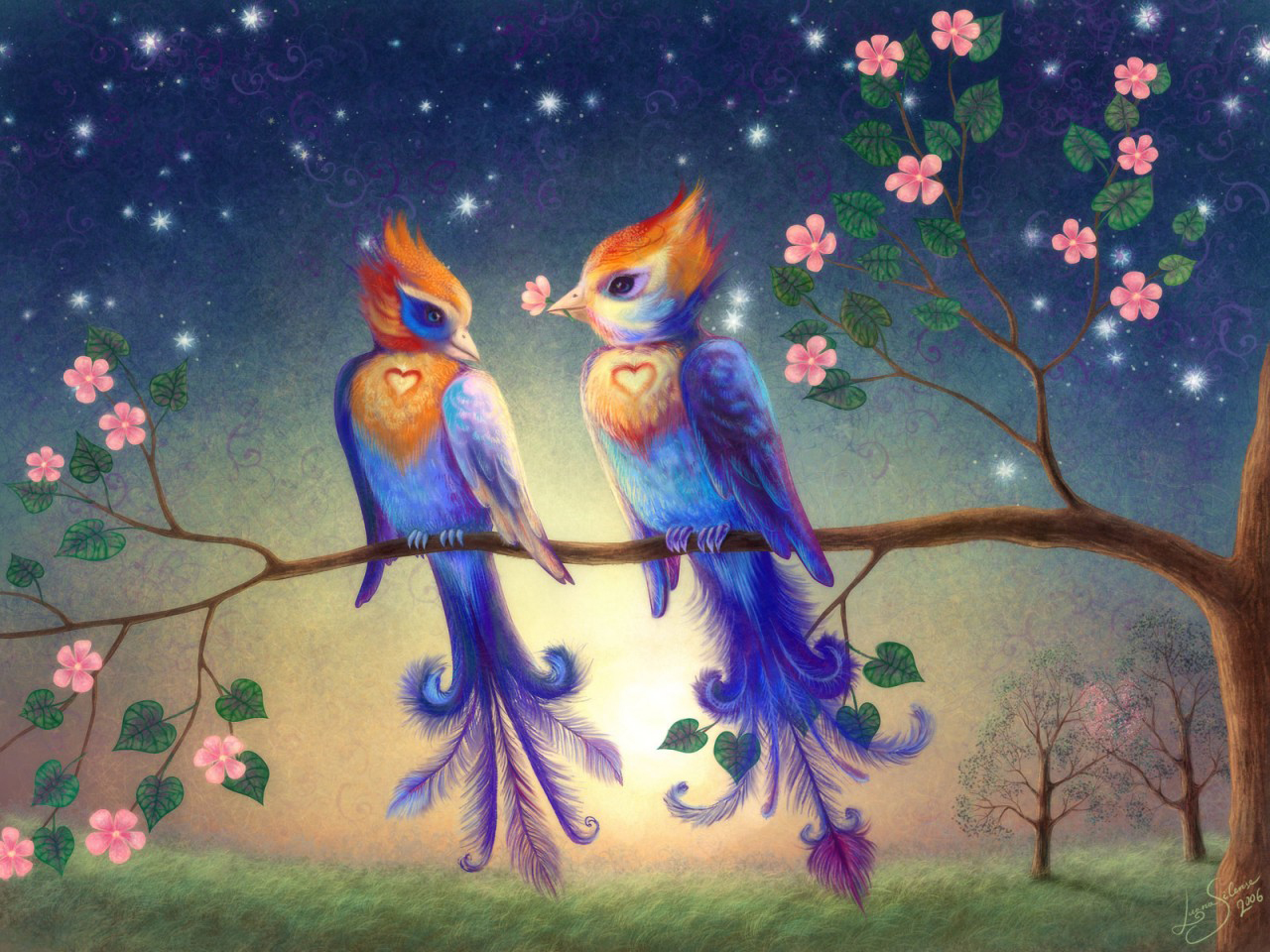 3d обои Влюбленные чудо птицы сидят на ветке  любовь # 51832