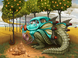3d обои По дороге ползёт сложный гибрид автомобиля с динозавром, в небе летит будильник с крылышками, под авто виднеется замок из песка, а  из нефтянных скважен поднимаются плодоносящие деревья, в общем ни капельки вымысла  динозавры