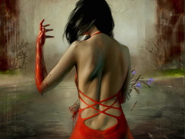 3d обои Девушка в красном платье смотрит на свою окровавленную руку, очевидно только что убившую кого-то  кровь