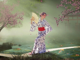 3d обои Девушка в кимоно обмахивает себя веером  рыбы