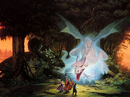 3d обои Белый дракон в лесу нападает на троих людей  драконы