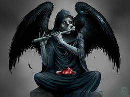 3d обои Статуя смерти в виде скелета с костью, блюдце с живым сердцем  готические