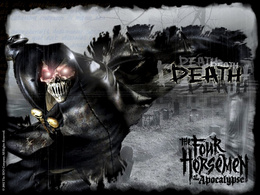 3d обои Смерть с металлическим черепом и горящими глазами (Death, the Four Horsemen of the Apocalypse)  3d графика