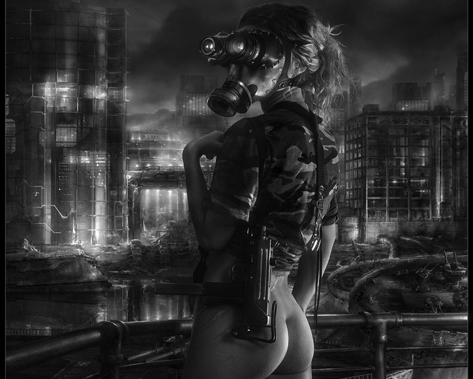 3d обои Девушка с голой попой и в противогазе на фоне разрушенного города  фантастика # 83508