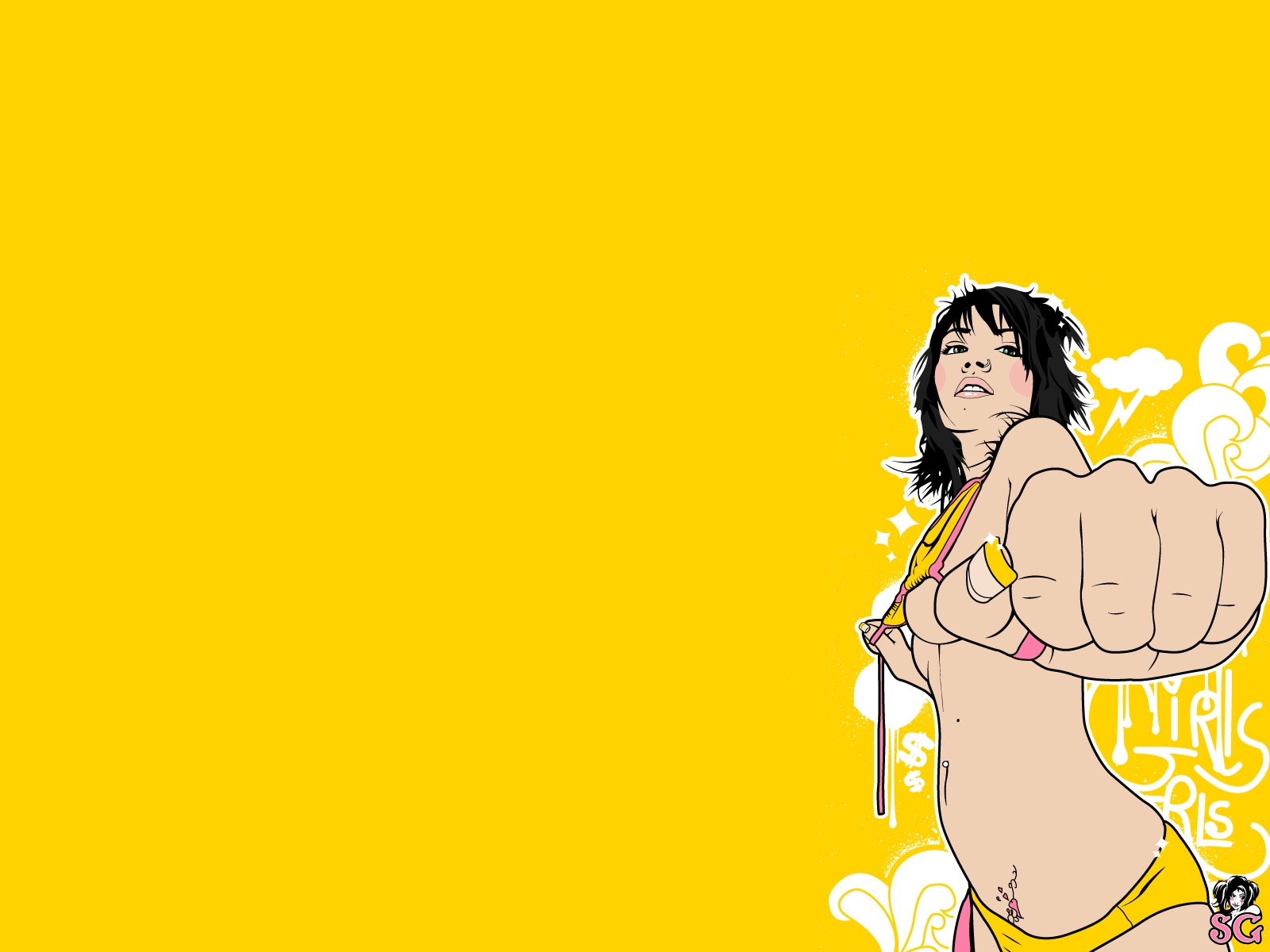 3d обои Девушка в ярком желтом купальнике выставила вперед руку  лето # 50643